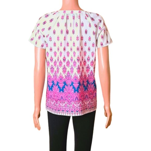 Talbots Split Neck Tunic Top SP White Pink Blue Floral Blouse with Side Slits - Picture 5 of 8